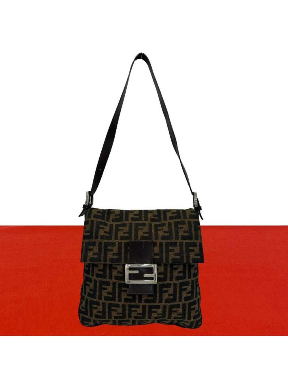 Fendi Vintage Zucca FF Pattern Logo Canvas Leather Shoulder Bag Brown
